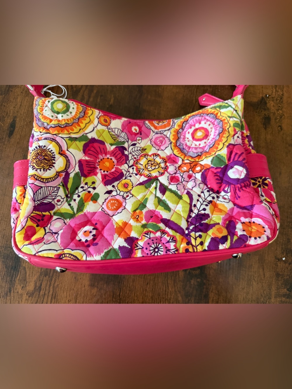 Vibrant Pink Floral Quilted Shoulder Bag Purse with Wallet - Picture 5 of 5
